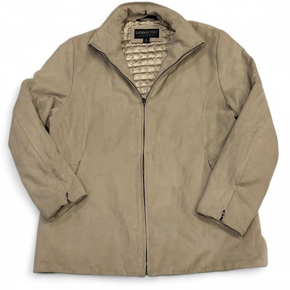 London Fog Tan Brown Suede Womens Jacket Size Large Zip Up & Pockets Lined